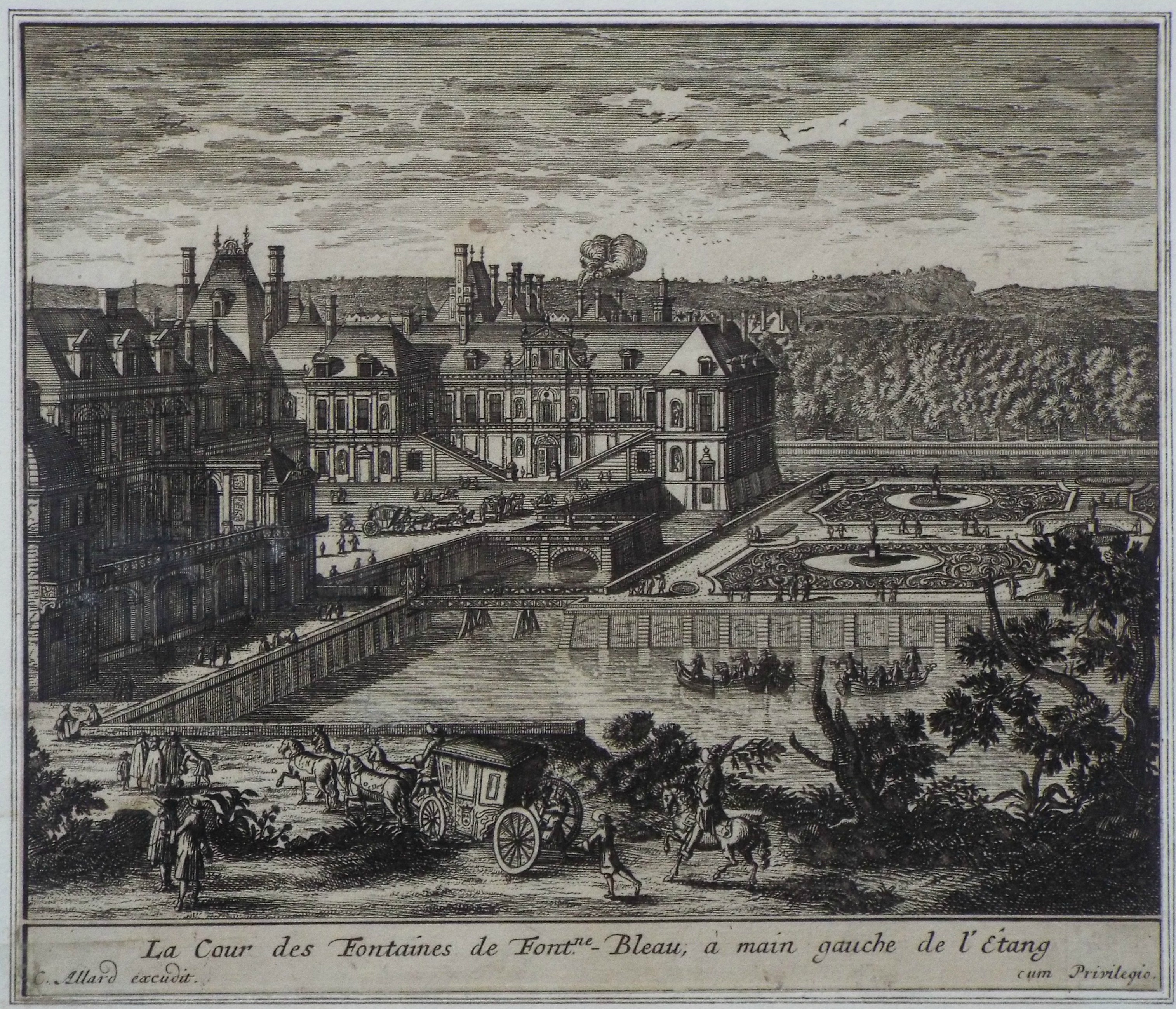 Print - La Cour des Fontaines de Fontne. Bleau, a main gauche de l'etang